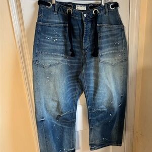 Like New Free People Pull-On Moxie Barrel Jean - Timeless Blue with Paint Splatt